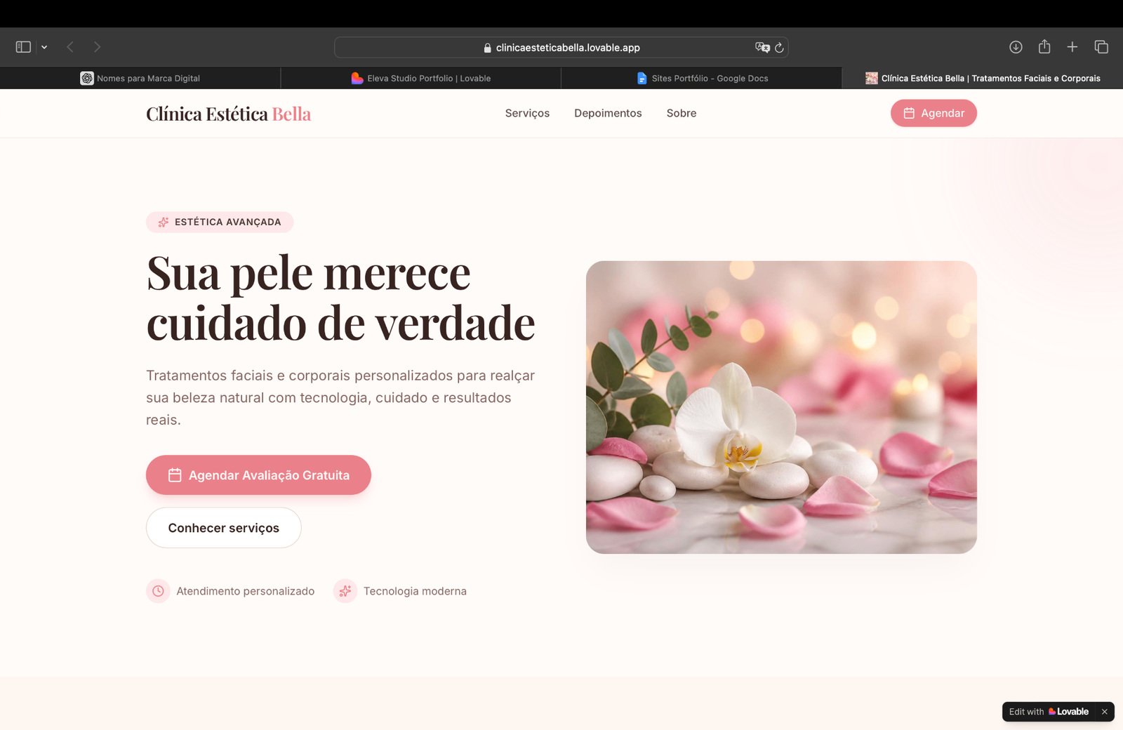 Captura real do site Clínica Estética Bella